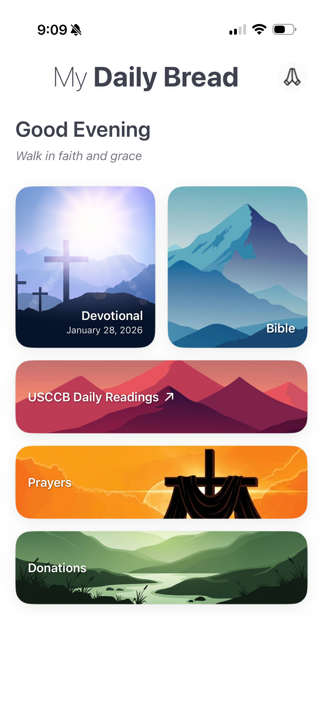 Home screen with devotional, Bible, prayers, and more