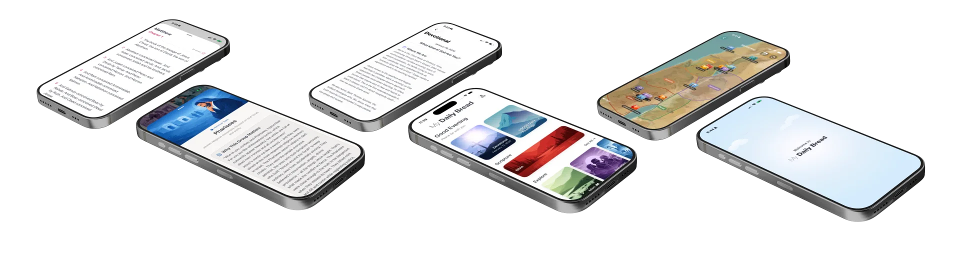 My Daily Bread app — Bible, devotional, home screen, biblical map, and onboarding