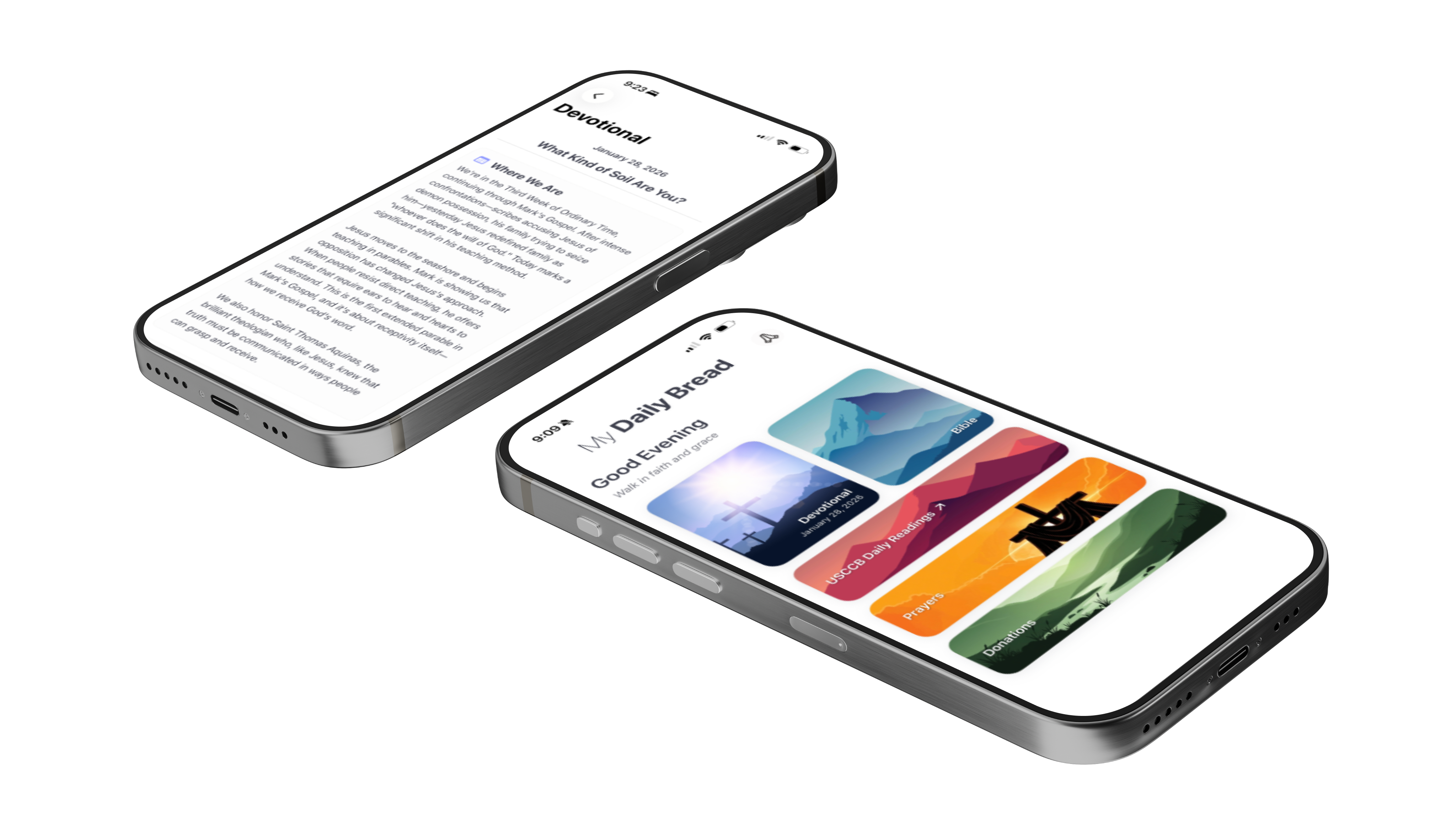 My Daily Bread app showing home screen and daily devotional