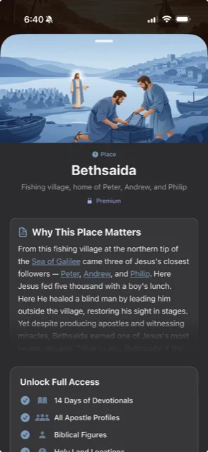 Location detail view showing Bethsaida with historical context