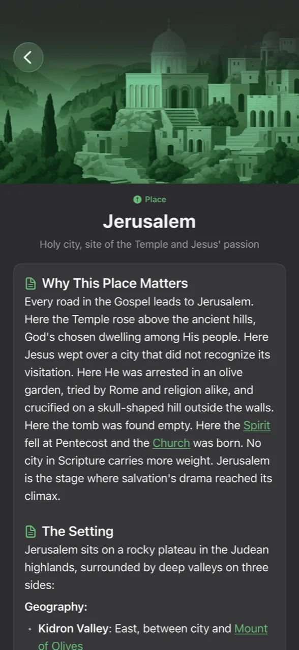 Location detail view showing Jerusalem with historical context
