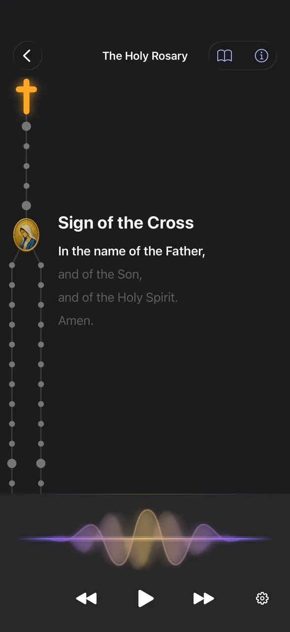 Guided Rosary prayer screen with bead-by-bead tracking and audio narration