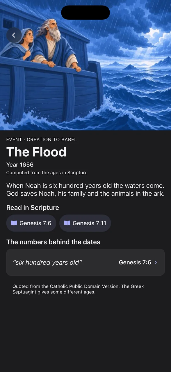 The Flood's page on the timeline, with its illustration and the Scripture that tells the story